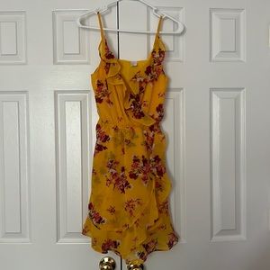 H&M mustard frill floral mini dress size us4 nwot